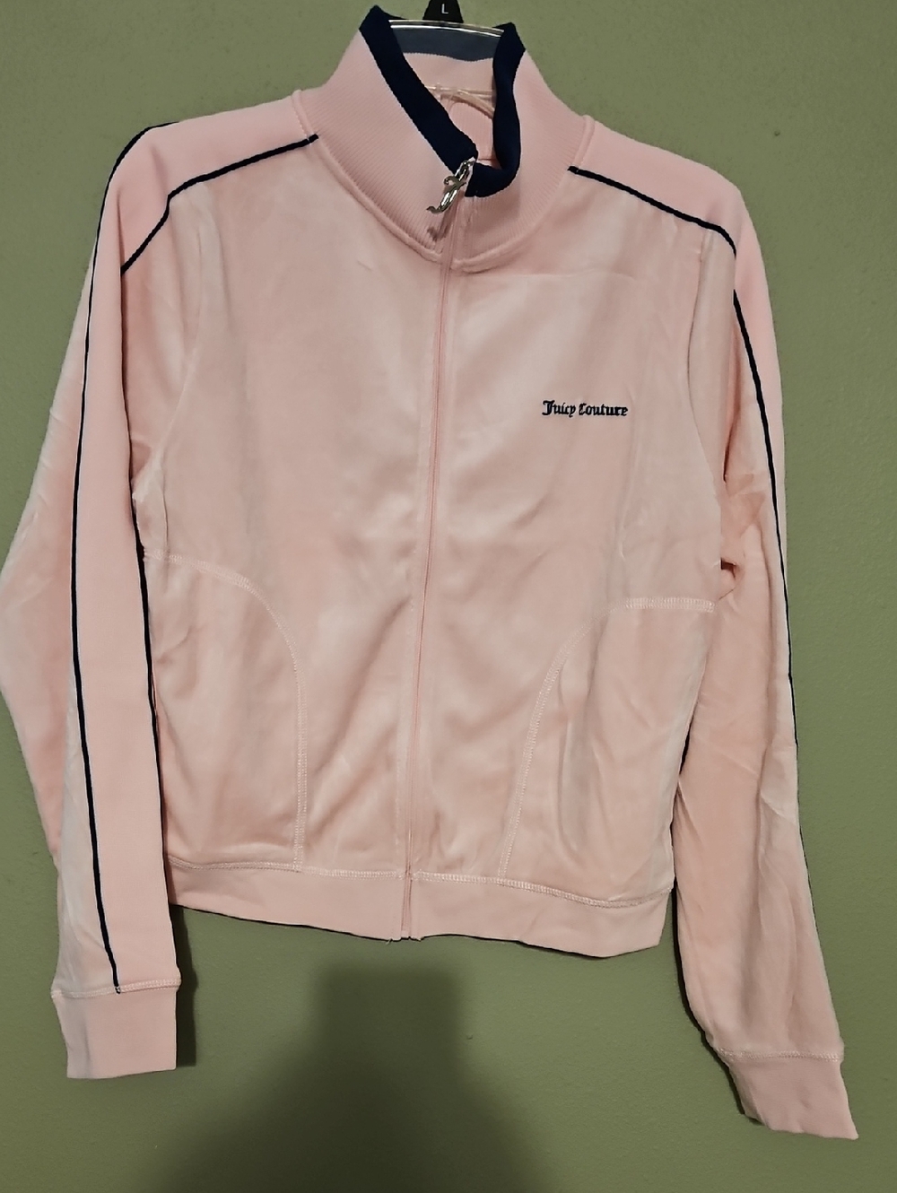 Juicy Couture Light Pink Velour Bomber Jacket with Navy Trim